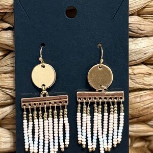 Gold and Cream Beaded Dangle Earrings